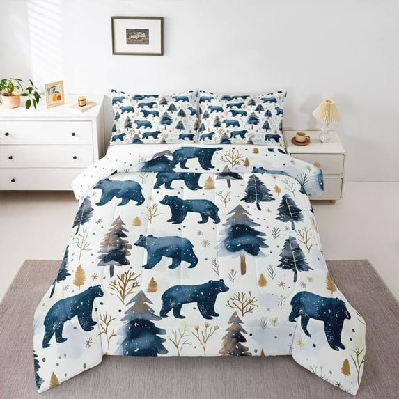 Homewish Wild Bear Bedding Comforter Set,Jungle Animal Twin Comforter Sets,White Blue Bedding Set For Boys Kids,Luxury Bedroom Decor Reversible,2pcs