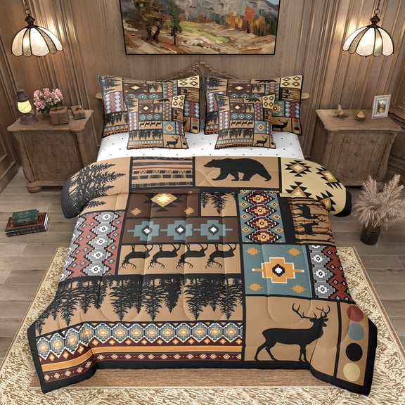 Homewish Wild Bear Deer 7-Piece Bedding Comforter Set,Patchwork Geometric Plaid King Bedding Sets,Blue Brown Black Bed Sheets For Boys Kids,Luxury Bedroom Decor Reversible