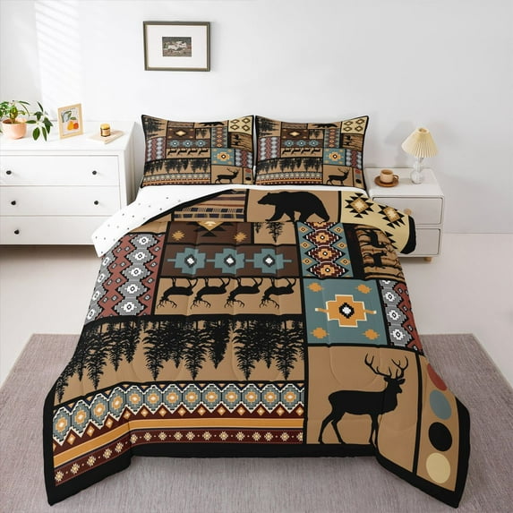 Homewish Wild Bear Deer Bedding Comforter Set,Patchwork Geometric Plaid Twin Comforter Sets,Blue Brown Black Bedding Set For Boys Kids,Luxury Bedroom Decor Reversible,2-Piece