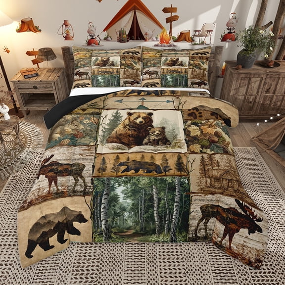 Homewish Wild Bear Deer Full Size Comforter Sets,Rustic Farmhouse Cabin Bedding Comforter Set,Country Birch Bedding Sets For Boys Kids,Luxury Bedroom Decor Reversible,3pcs