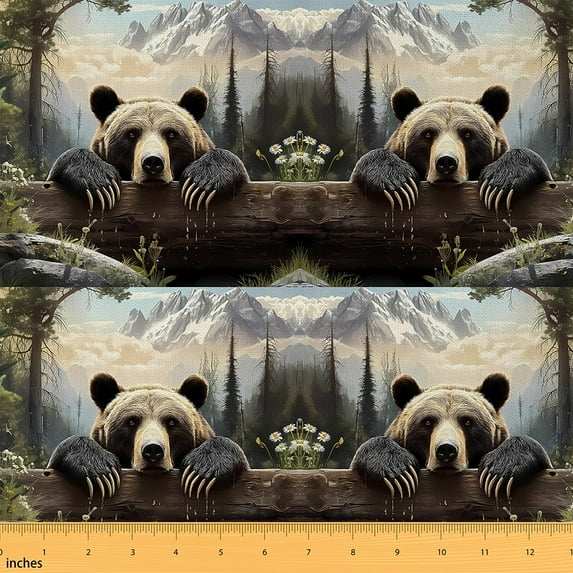 Homewish Wild Bear Fabric by the Yard 2 Yard,Natural Mountain Flower Room Decor Fabric by the Yard,White Green Black Fabric for Sewing For Boys Teens,Luxury Bedroom Decor