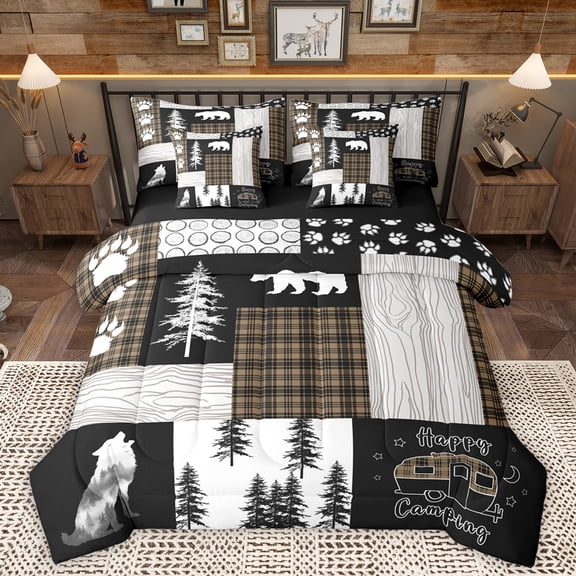 Homewish Wild Bear Paws 7-Piece Twin Bedding Sets,Woodland Animal Wolf Bedding Comforter Set, Happy Camping Camper Sheet Sets For Kids,Uper Cozy Room Decor Reversible