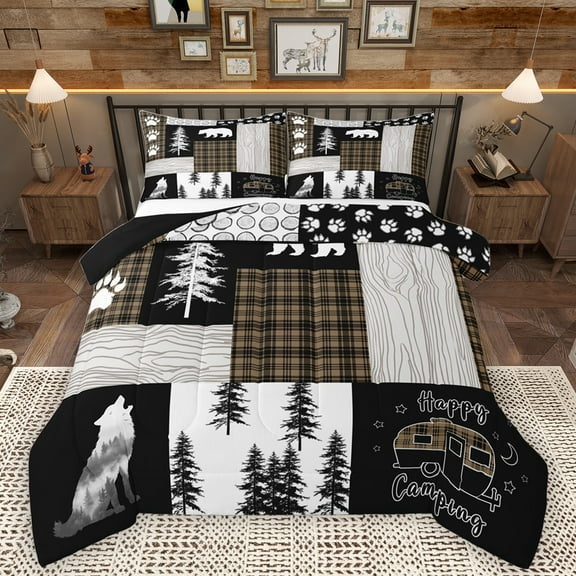 Homewish Wild Bear Paws Full Size Comforter Sets,Woodland Animal Wolf Bedding Comforter Set, Happy Camping Camper Bedding Sets For Kids,Uper Cozy Room Decor Reversible,3pcs
