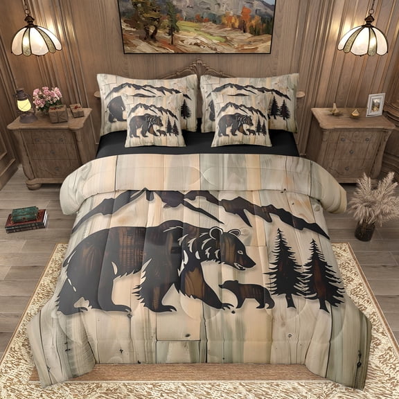 Homewish Wild Bear Silhouette 7-Piece Bedding Comforter Set,Jungle Animal King Bedding Sets,Beige Brown Bed Sheets For Boys Kids,Luxury Bedroom Decor Reversible