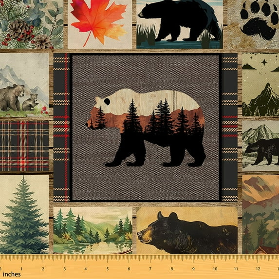 Homewish Wild Bear Silhouette Fabric by the Yard 1 Yard,Tropical Botanical Mountain Home Decor Fabric by the Yard,Farmhouse Lodge Beige Brown Sewing Fabric For Boys Teens,Luxury Bedroom Decor