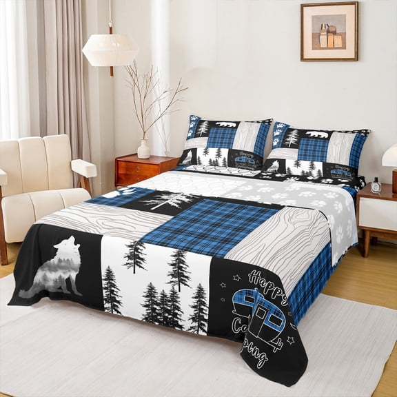 Homewish Wild Bear Wolves Bed Sheets,Happy Camping King Sheets,Rustic Farmhouse Cabin Sheet Set For Boys,Microfiber Bedroom Decor,4pcs