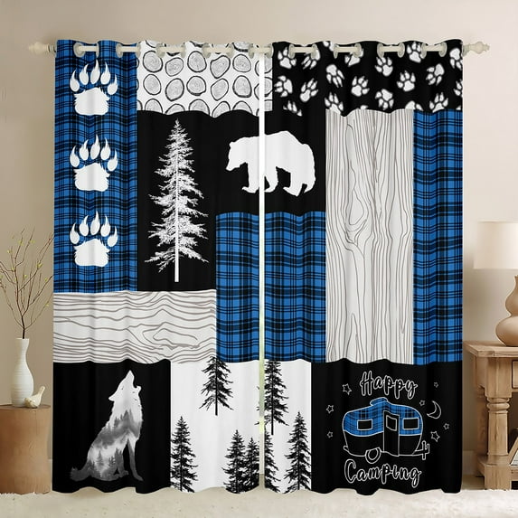 Homewish Wild Bear Wolves Curtains Pack of 2 (42x84 Each),Happy Camping Curtains Blackout,Rustic Farmhouse Cabin Bedroom Curtains For Boys,Microfiber Bedroom Decor
