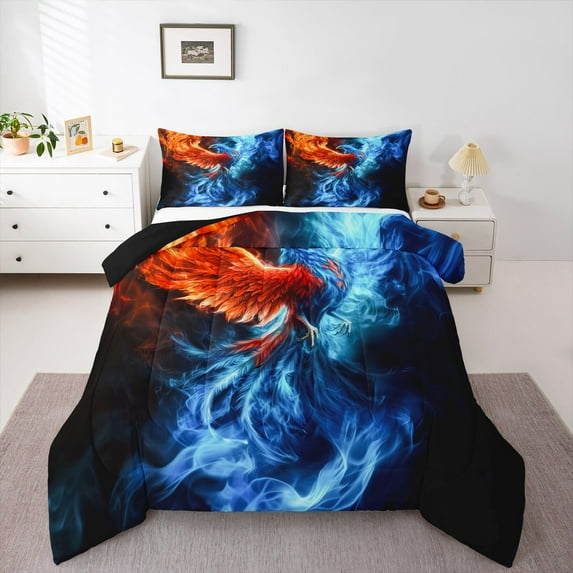 Homewish Wild Bird Full Comforter Set,Western Fantasy Red Blue Black,Ultra Soft Reversible Decor For Boys,3-Piece