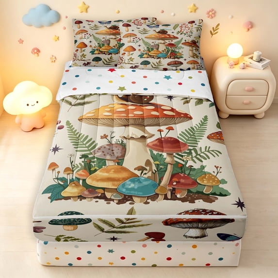 Homewish Wild Botanical Mushroom Zipper Full Size Comforter Sets with Fitted Sheet and 2 Pillowcases,Snails Butterfly Zipper Bedding Set,Beige,Polkadot Reversible,4pcs