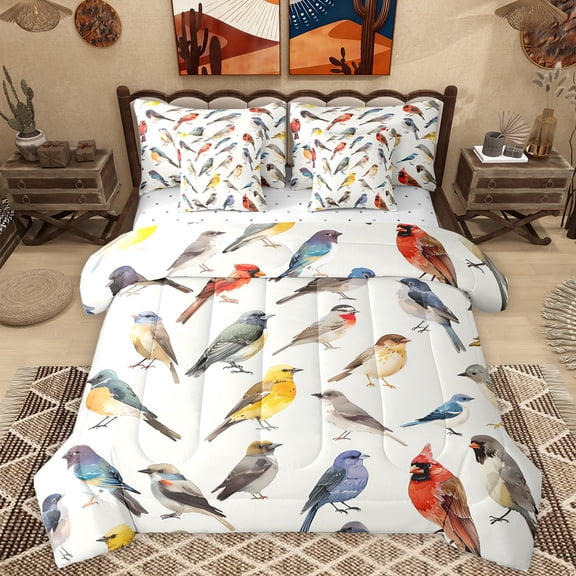 Homewish Wild Cardinal Bird 7-Piece Twin Bedding Sets,Flying Animal Bedding Comforter Set,Multicolor Birds Sheet Sets For Bots Girls,Ultra Soft Home Decor