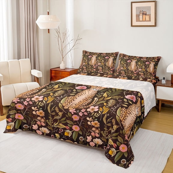 Homewish Wild Cheetah Leopard Bed Sheets,Retro Rustic Flower King Sheets,Colorful Country Floral Sheet Set For Boys Kids,Luxury Bedroom Decor,4 Pieces
