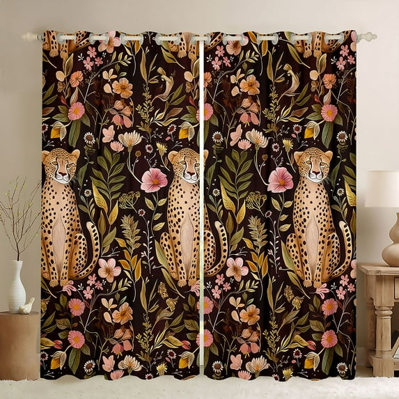 Homewish Wild Cheetah Leopard Black Out Curtains,Retro Rustic Flower Curtains Pack of 2 (42x63 Each),Colorful Country Floral Bedroom Curtains For Boys Kids,Luxury Bedroom Decor
