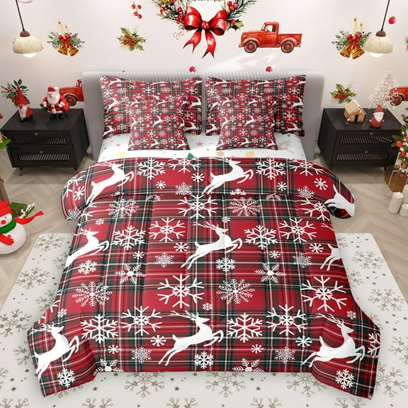 Homewish Wild Christmas Reindeer 7-Piece Twin Bedding Sets,Red Geometric Plaid Bedding Comforter Set,White Snowflake Sheet Sets For Teens,Ultra Soft Home Decor Reversible