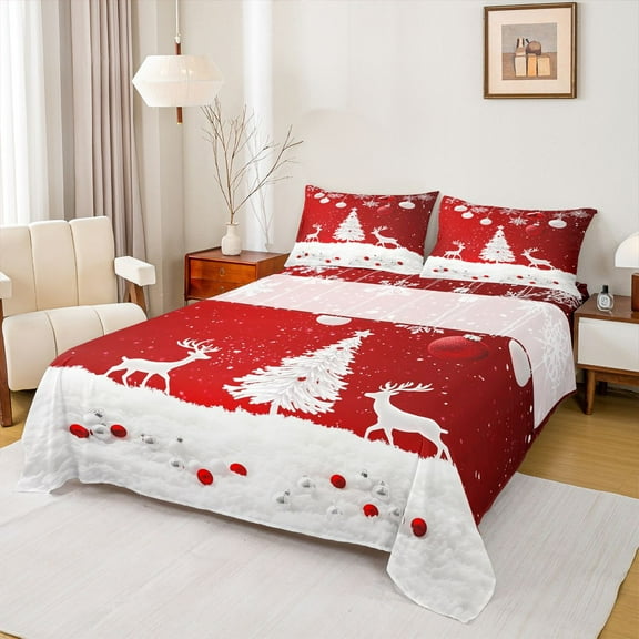 Homewish Wild Christmas Reindeer Queen Sheet Sets,Chic Xmas Tree Flat Sheet,Red White Queen Fitted Sheet For Girsl Boys,Ultra Soft Home Decor,4 Pieces