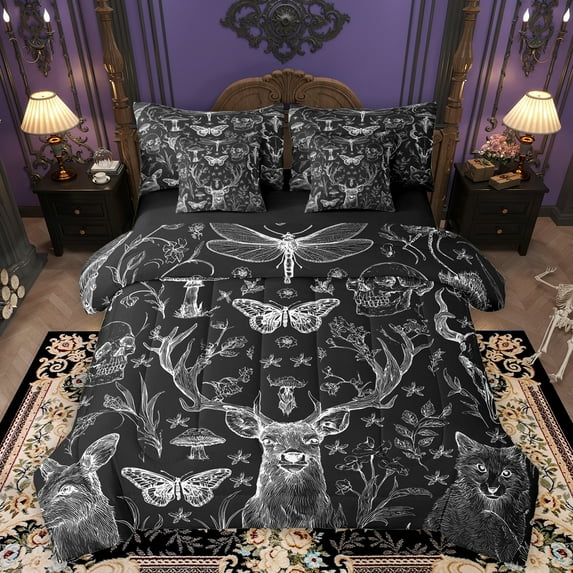 Homewish Wild Deer 7-Piece Bedding Comforter Set,Gothic Skull Skelelton King Bedding Sets,White Black Bed Sheets For Boys Girls,Microfiber Bedroom Decor Reversible