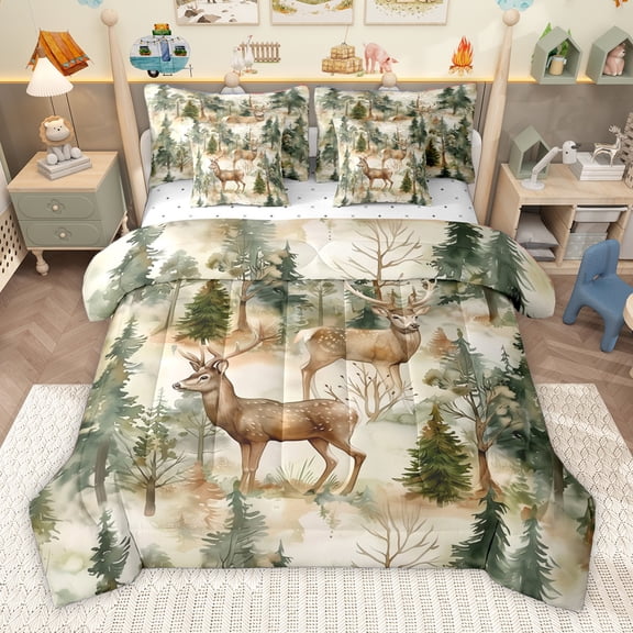 Homewish Wild Deer 7-Piece Twin Bedding Sets,Woodland Animal Bedding Comforter Set,Tropical Botanical Pine Tree Sheet Sets For Men Women,Microfiber Bedroom Decor Reversible