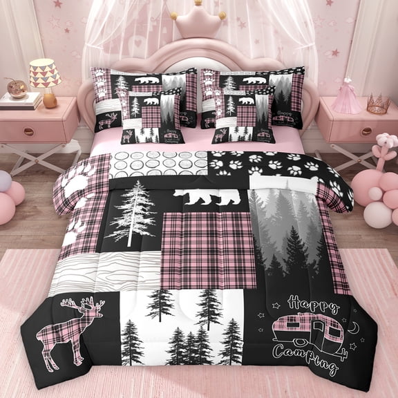 Homewish Wild Deer Bear 7-Piece Bedding Comforter Set,Happy Camping King Bedding Sets,Rustic Farmhouse Cabin Bed Sheets For Boys,Microfiber Bedroom Decor Reversible