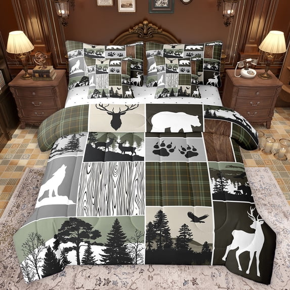 Homewish Wild Deer Bear 7 Pieces Bedding Comforter Set,Country Farmhouse Lodge Full Bedding Set,Green Gray Graid Fitted Sheet Flat Sheet For Boys Kids,Luxury Bedroom Decor