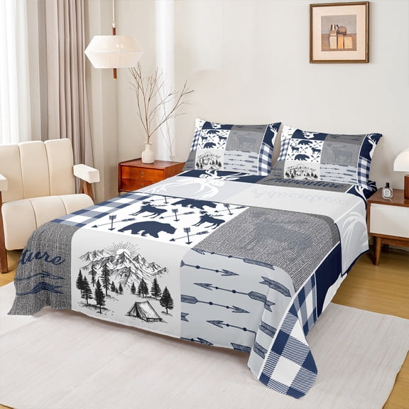 Homewish Wild Deer Bear Bed Sheets,Woodland Animal King Sheets,Happy Camping Sheet Set For Men Women,Microfiber Bedroom Decor,4pcs