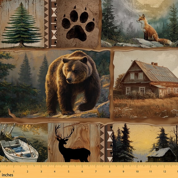 Homewish Wild Deer Bear Fabric by the Yard 1 Yard,Kawaii Bear Paw Home Decor Fabric by the Yard,Rustic Framhouse Cabin Sewing Fabric For Men Women,Microfiber Bedroom Decor