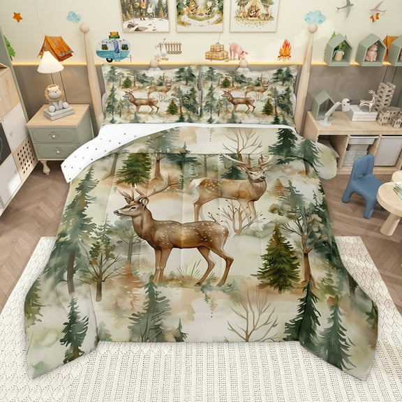 Homewish Wild Deer Bedding Comforter Set,Woodland Animal Twin Comforter Sets,Tropical Botanical Pine Tree Bedding Set For Men Women,Microfiber Bedroom Decor Reversible,2-Piece