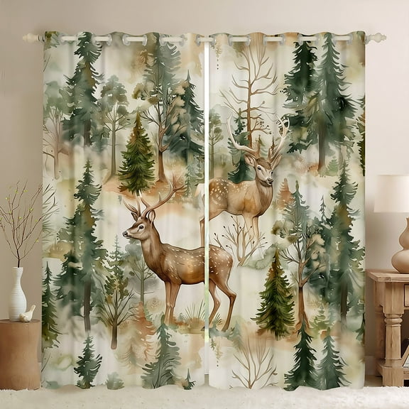 Homewish Wild Deer Black Out Curtains,Woodland Animal Curtains Pack of 2 (42x63 Each),Tropical Botanical Pine Tree Bedroom Curtains For Men Women,Microfiber Bedroom Decor