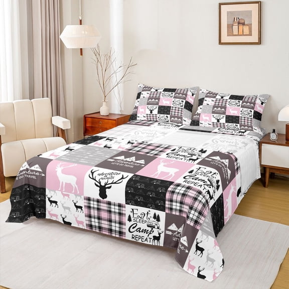 Homewish Wild Deer Elk Bed Sheets,Jungle Animal King Sheets,Happy Camping Sheet Set For Boys Girls,Super Cozy Room Decor,4pcs
