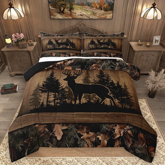 Homewish Wild Deer Elk Bedding Comforter Set,Jungle Animal Twin Comforter Sets,Autumn Fall Leaves Bedding Set For Boys Kids,Super Cozy Room Decor Reversible,2pcs