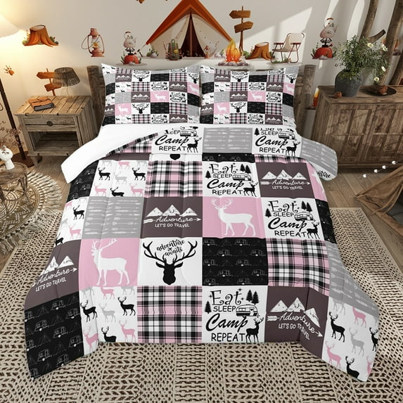 Homewish Wild Deer Elk Full Size Comforter Sets,Jungle Animal Bedding Comforter Set,Happy Camping Bedding Sets For Boys Girls,Super Cozy Room Decor,3-Piece