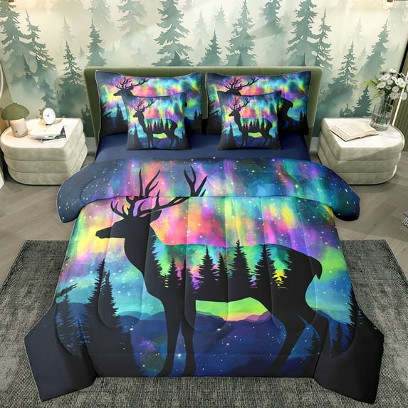 Homewish Wild Deer Silhouette 7 Pieces Bedding Comforter Set,Jungle Animal Full Bedding Set,Colorful Aurora Starry Sky Fitted Sheet Flat Sheet For Boys Kids,Breathable Home Decor Reversible