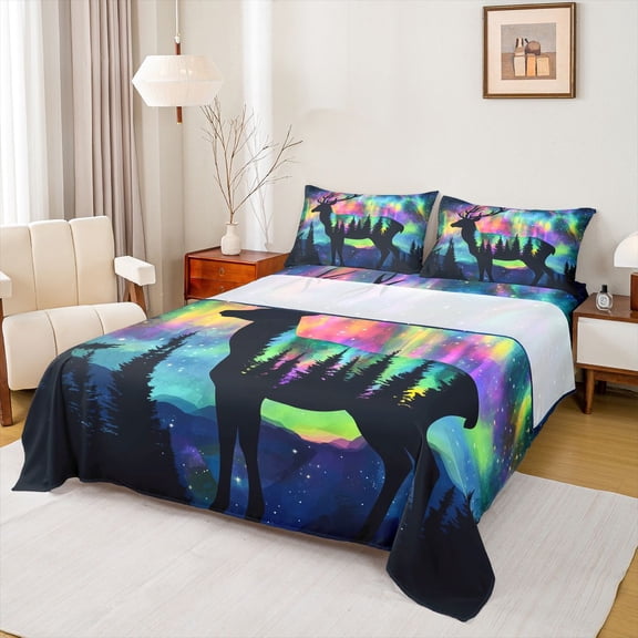 Homewish Wild Deer Silhouette Queen Sheet Sets,Jungle Animal Flat Sheet,Colorful Aurora Starry Sky Queen Fitted Sheet For Boys Kids,Breathable Home Decor,4pcs