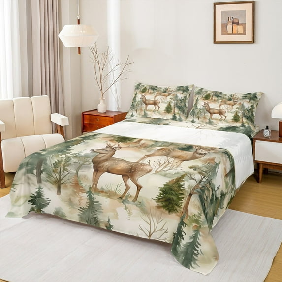 Homewish Wild Deer Twin Sheet Sets,Woodland Animal Twin Fitted Sheet,Tropical Botanical Pine Tree 03 For Men Women,Microfiber Bedroom Decor,3-Piece