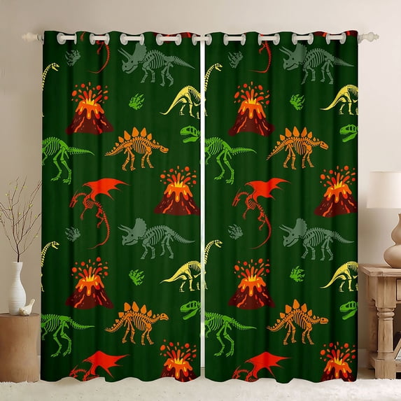 Homewish Wild Dino Kitchen Curtains,Dinosaur Skeleton Black Out Curtains Pack of 2 (42x63 Each),Green Orange