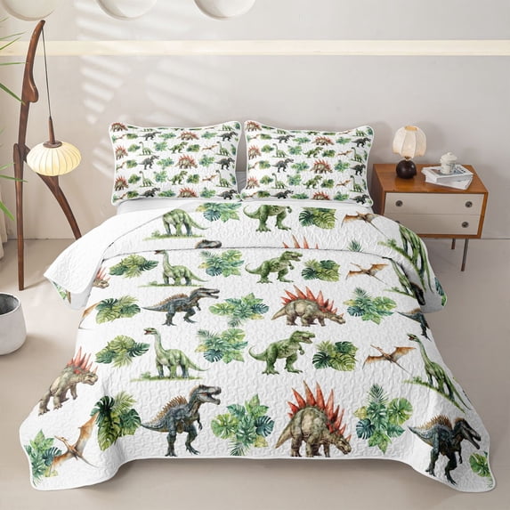 Homewish Wild Dino Quilt Full,Green Jungle Leaves Full Bedspread Sets,3 Pieces
