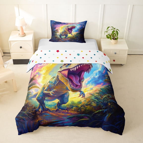Homewish Wild Dino Twin Duvet Cover,Jungle Animal Twin Bedding,Multicolor,Polkadot Reversible,2 Pieces,1 Duvet Cover and 1 Pillowcase