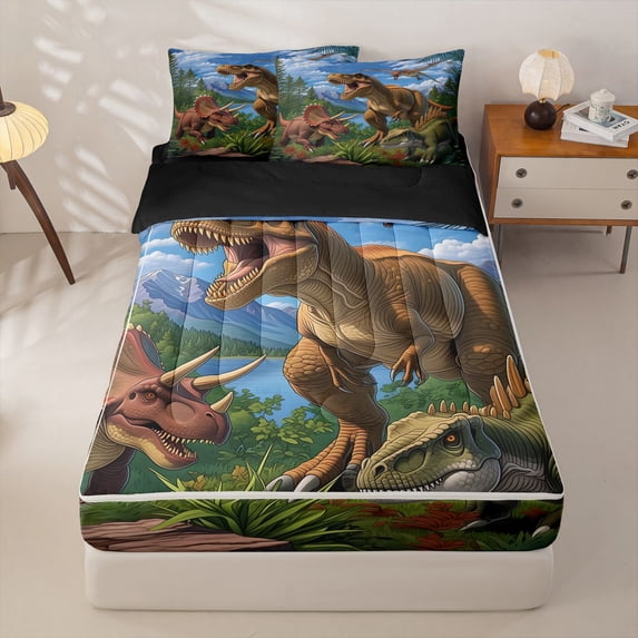 Homewish Wild Dino Zipper Full Size Comforter Sets with Fitted Sheet and 2 Pillowcases,Jungle Wildlife Zipper Bedding Set,Blue Green,Black Reversible,4pcs