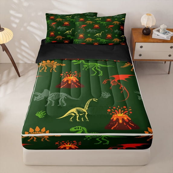 Homewish Wild Dino Zipper Queen Comforter Set with Fitted Sheet and 2 Pillowcases,Dinosaur Skeleton Zipper Bedding Set,Green Orange,Black Reversible,4pcs