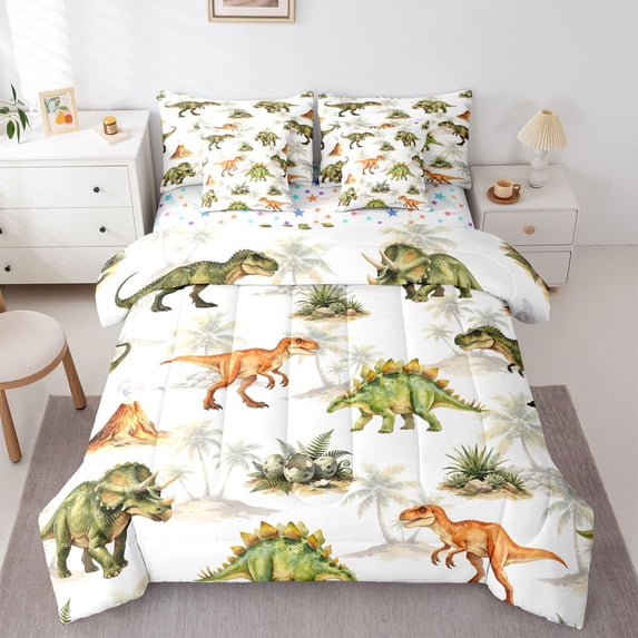 Homewish Wild Dinosaur 7pcs Queen Bedding,Vintage Wildlife Bedding Comforter Set Queen,White,Colorful Stars Reversible