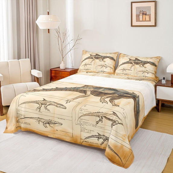 Homewish Wild Dinosaur Bed Sheets,Minimalist Sketch Dino Full Size Sheets,Brown,4 Pieces,1 Flat Sheet, 1 Fitted Sheet and 2 Pillowcases