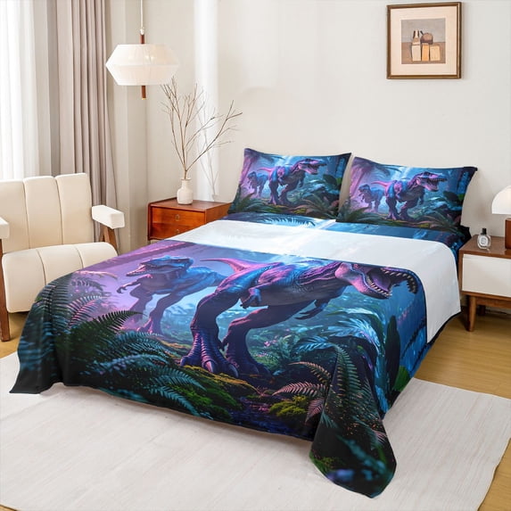 Homewish Wild Dinosaur Bed Sheets,Woodland Animals Full Size Sheets,Purple,4-Piece,1 Flat Sheet, 1 Fitted Sheet and 2 Pillowcases