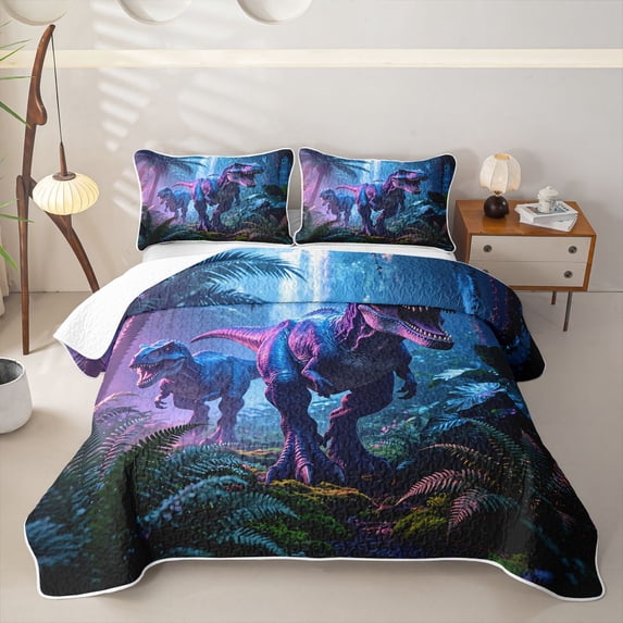 Homewish Wild Dinosaur Bed Spread Queen,Woodland Animals Queen Coverlet Set,Purple,3 Pieces