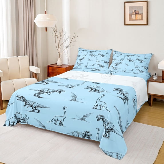 Homewish Wild Dinosaur Queen Sheets,Safari Animals Sketch Queen Sheet Sets,Blue,4 Pieces,1 Flat Sheet, 1 Fitted Sheet and 2 Pillowcases