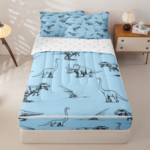 Homewish Wild Dinosaur Zipper Queen Comforter Set with Fitted Sheet and 2 Pillowcases,Safari Animals Sketch Zipper Bedding Set,Blue,Reversible,4pcs