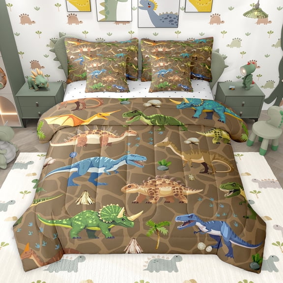 Homewish Wild Dinsaur 7-Piece Twin Bedding Sets,Retro Rustic Dino Bedding Comforter Set,Brown Blue Green Sheet Sets For Boys Kids,Breathable Home Decor Reversible
