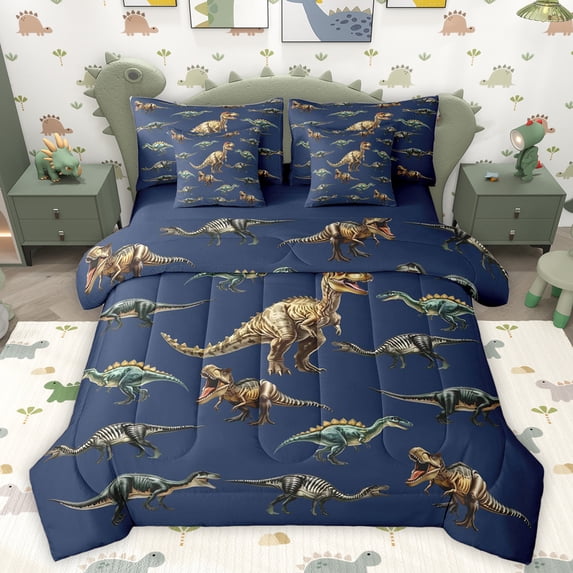 Homewish Wild Dinsaur 7-Piece Twin Bedding Sets,Safari Animal Bedding Comforter Set,Deepblue Brown Sheet Sets For Bots Kids,Super Cozy Room Decor Reversible