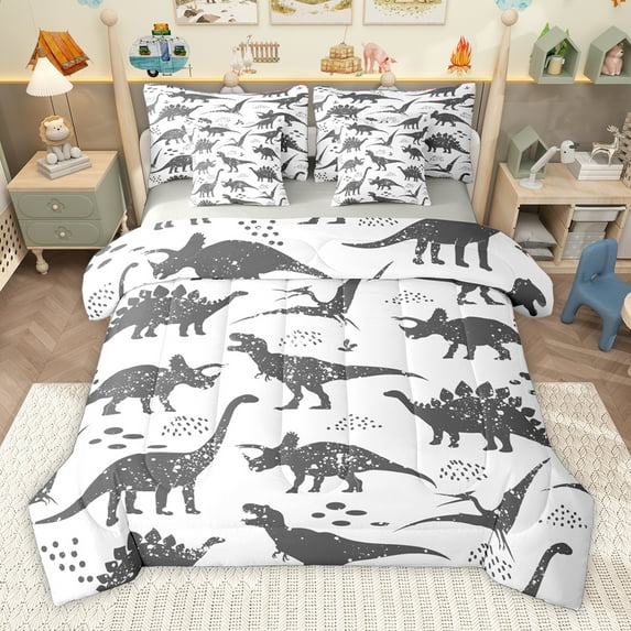 Homewish Wild Dinsaur 7pcs Bedding Comforter Set,Tropical Safari Animal Queen Bedding Sets,Gray White Queen Sheet Sets For Teens Boys,Super Cozy Room Decor Reversible