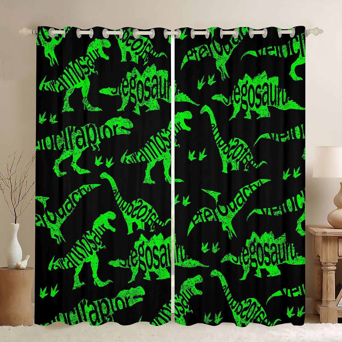 Homewish Wild Dinosaur Curtains Pack of 2 (42x84 Each),Safari Dino Curtains Blackout,Green Black Bedroom Curtains For Boys Kids,Super Cozy Room Decor