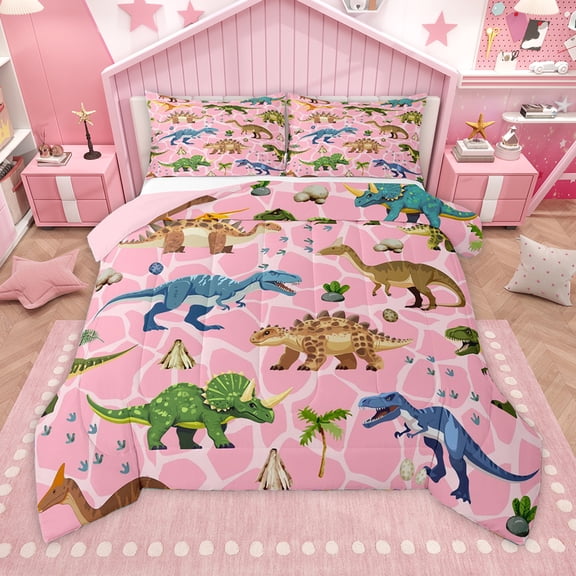 Homewish Wild Dinosaur Full Size Comforter Sets,Tropical Safari Animal Bedding Comforter Set,Pink Green Blue Bedding Sets For Girls Boys,Super Cozy Room Decor Reversible,3-Piece