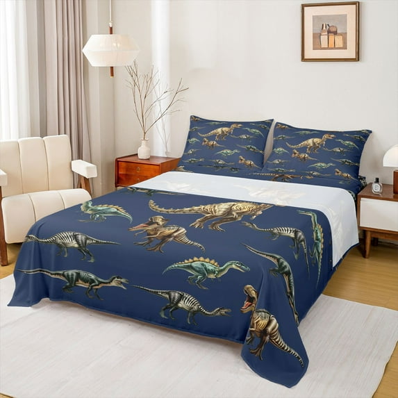 Homewish Wild Dinosaur Safari Twin Sheet Set, Deepblue Brown, 3-Piece Super Cozy