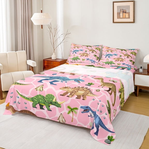 Homewish Wild Dinosaur Twin Sheet Sets,Tropical Safari Animal Twin Fitted Sheet,Pink Green Blue 03 For Girls Boys,Super Cozy Room Decor,3pcs